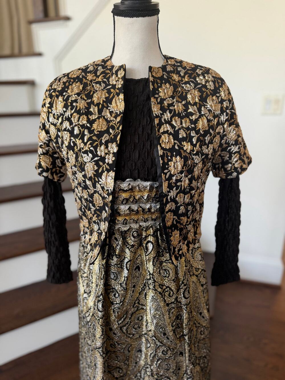 Vintage 70s Black & Metallic Gold Brocade Maxi Dress Matching Jacket Set